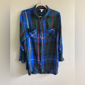 Women's Est 1946 Blue Plaid 100% Rayon Long Sleeve Button UpTunic Shirt 18/20